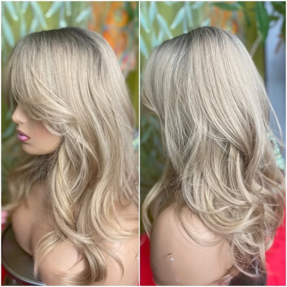 Golden dirty blonde layered wig with bangs and roots